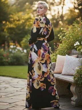 NWT Chico's Black Maxi Dress with Yellow & Purple Floral Print Size 3 (L)